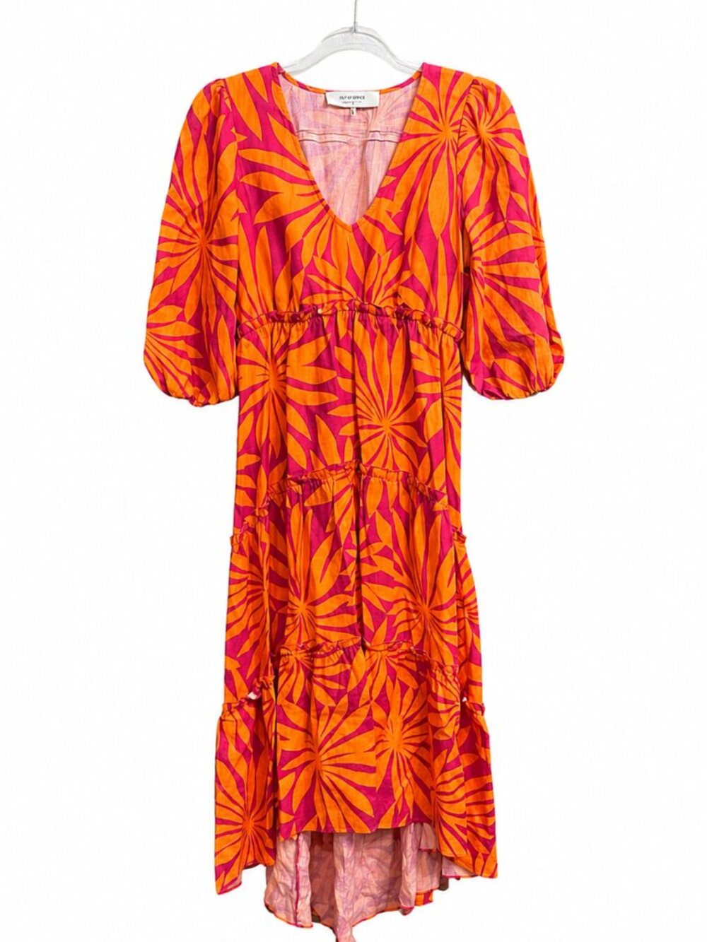 Trina Turk Bright Orange/Pink Tropical Print Hi-Low Tiered Dress